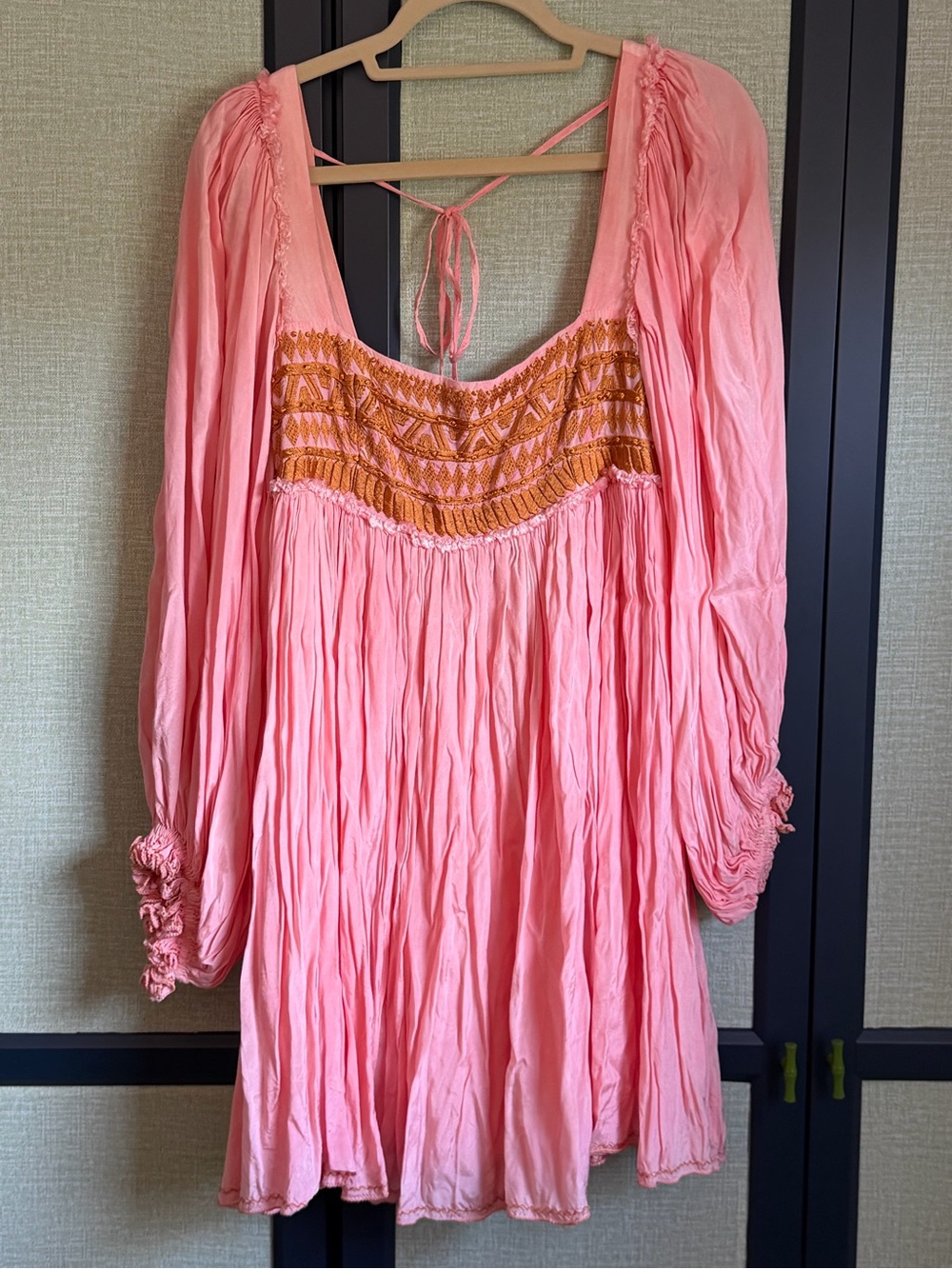 Free People Sahara Embroidered Pink and Gold Babydoll Mini Dress, Size M - Picture 2 of 9
